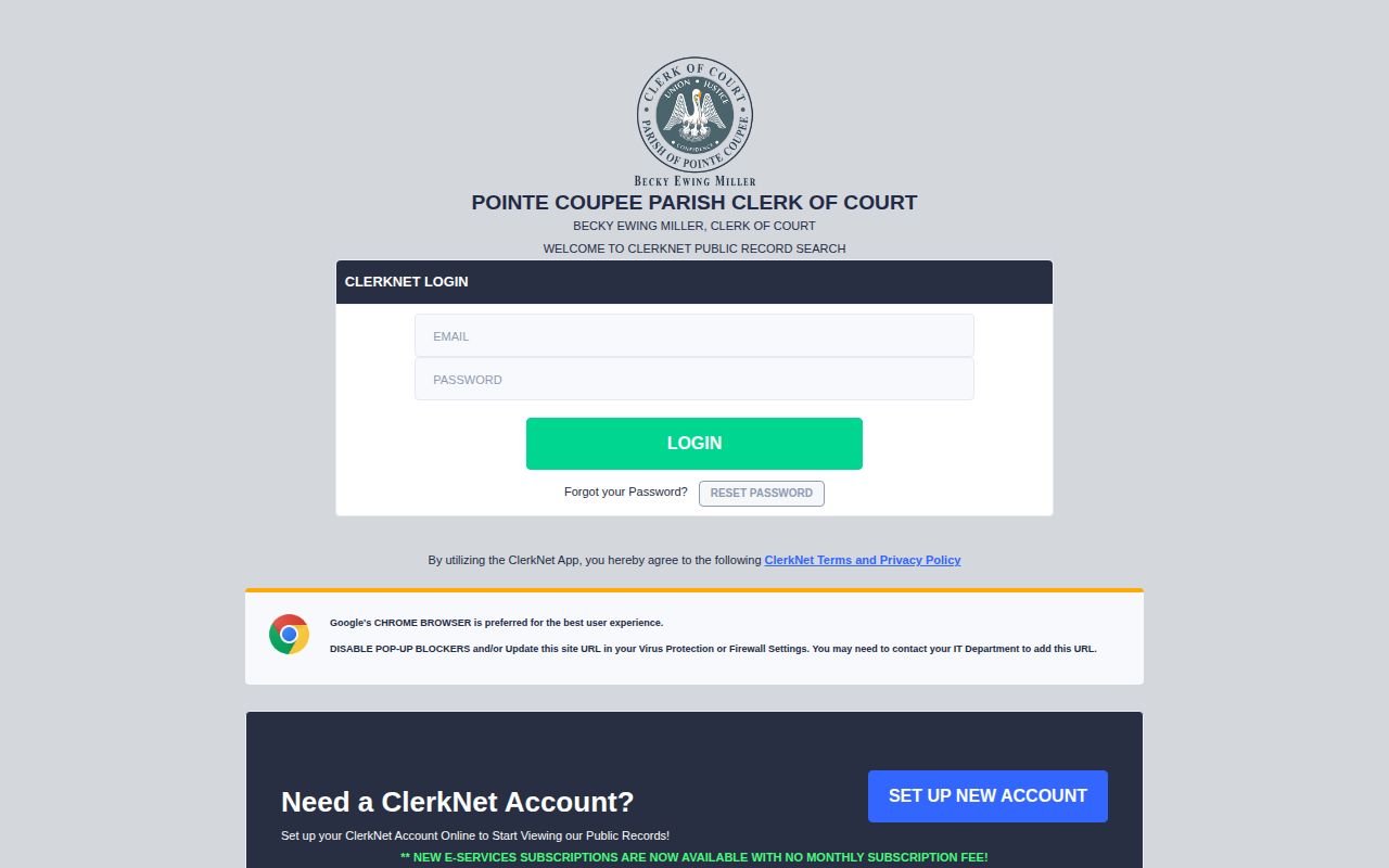 Pointe Coupee ClerkNet court record search screen