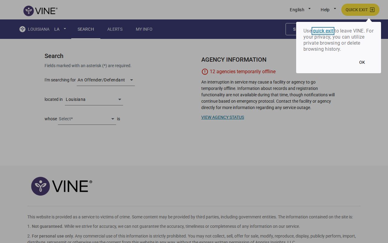 Pointe Coupee Parish VINELink arrest and custody search interface