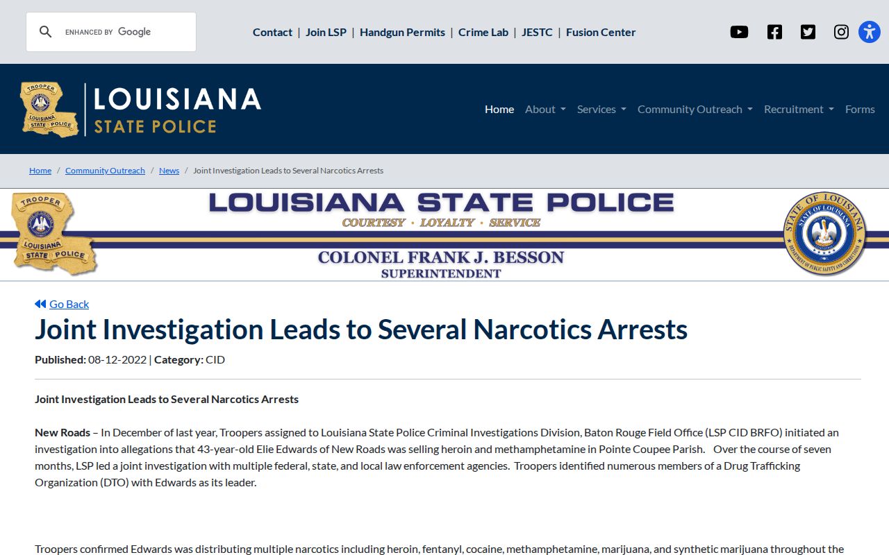Louisiana State Police multiagency arrest news release